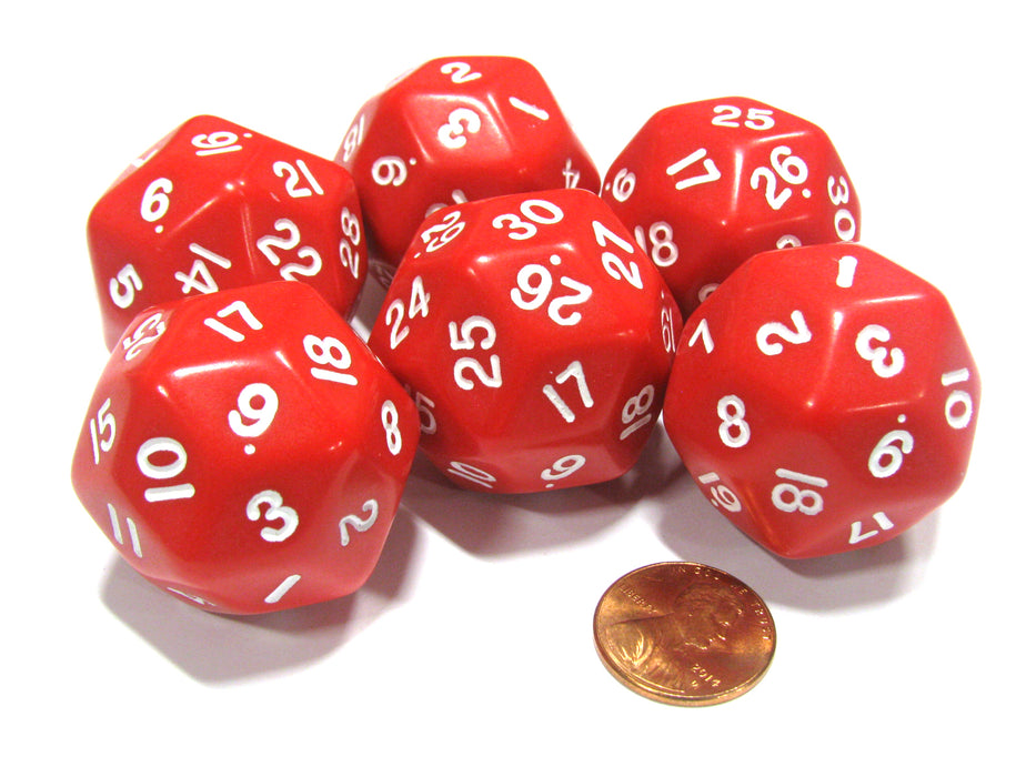 Set of 6 Triantakohedron D30 30 Sided 33mm Jumbo Dice - Red w White Numbers