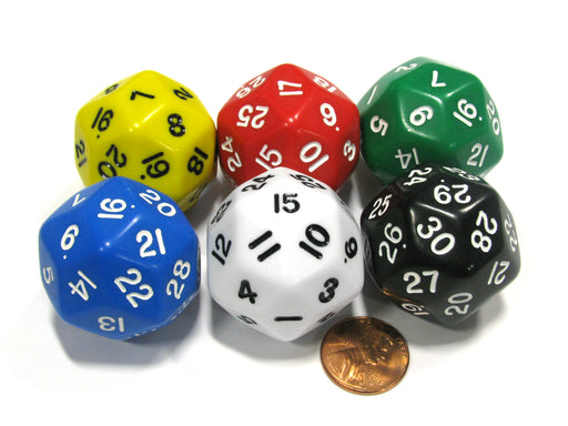 Set of 6 Triantakohedron D30 33mm Jumbo Dice - Yellow Red Green Blue White Black