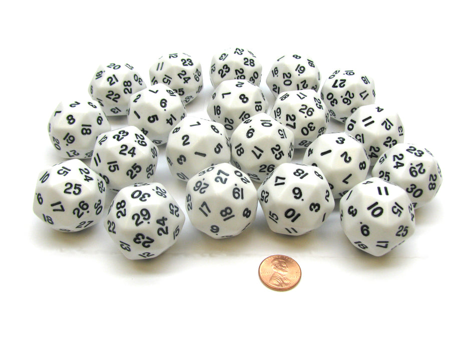 Set of 20 Triantakohedron D30 30 Sided 33mm Jumbo Dice - White w Black Numbers