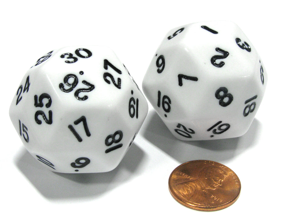 Set of 2 Triantakohedron D30 30 Sided 33mm Jumbo Dice - White w Black Numbers