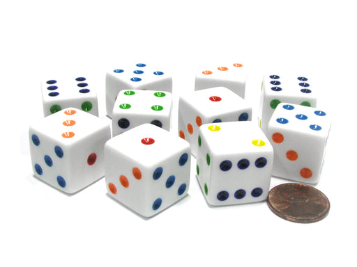 Set of 10 Large Six Sided Square Opaque 19mm D6 Dice - White with Multicolor Pip