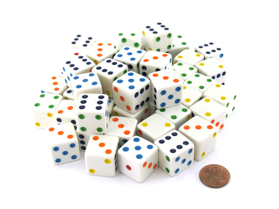 Pack of 50 Large D6 Square Opaque 19mm Dice - White with Multicolor Pip