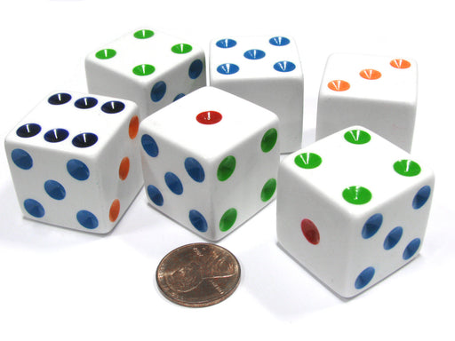 Set of 6 D6 25mm Large Opaque Jumbo Dice - White with Multicolor Pip
