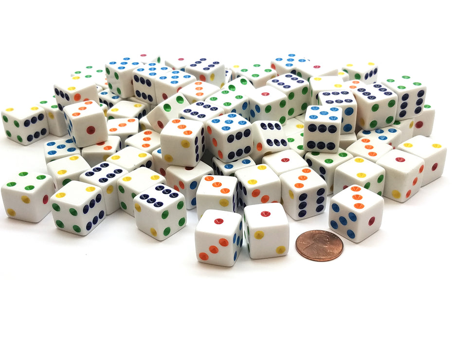 Pack of 100 Standard Sized 16mm Six-Sided Dice - White with Multi-Colored Pips