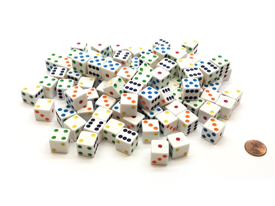 Pack of 100 Standard Sized 16mm Six-Sided Dice - White with Multi-Colored Pips