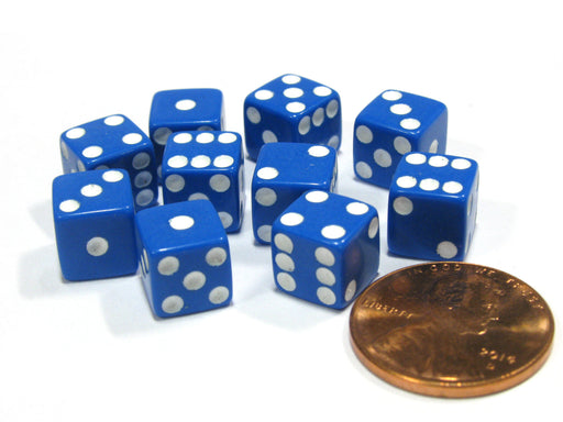 Set of 10 8mm Six-Sided D6 Small Square-Edge Dice - Blue with White Pips
