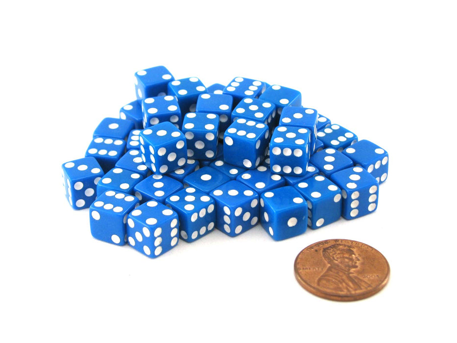Set of 50 8mm Six-Sided D6 Small Square-Edge Dice - Blue with White Pips
