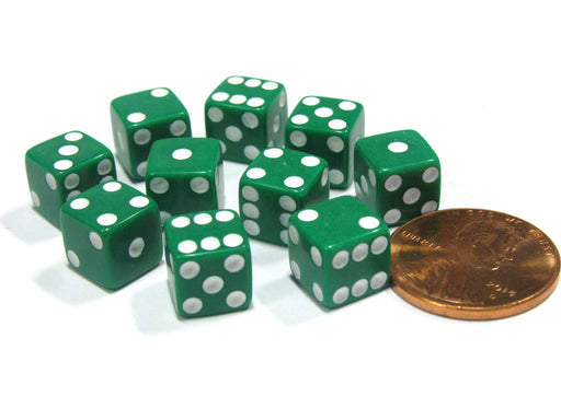 Set of 10 8mm Six-Sided D6 Small Square-Edge Dice - Green with White Pips