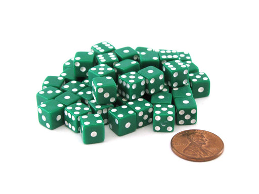 Set of 50 8mm Six-Sided D6 Small Square-Edge Dice - Green with White Pips