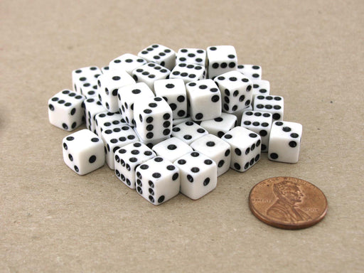 Set of 50 8mm Six-Sided D6 Small Square-Edge Dice - White with Black Pips