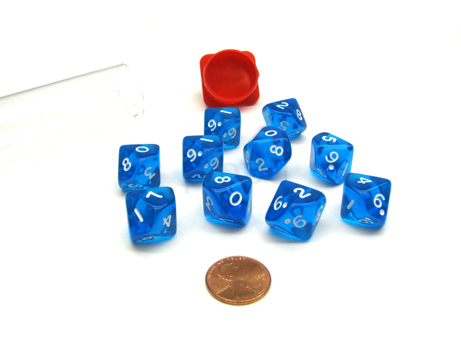 Pack of 10 Transparent 10 Sided D10 16mm Dice - Blue