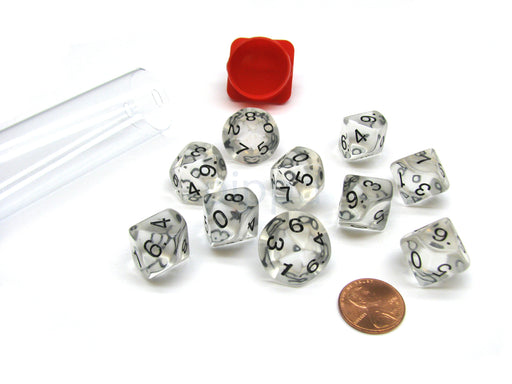Pack of 10 Transparent 10 Sided D10 16mm Dice - Clear