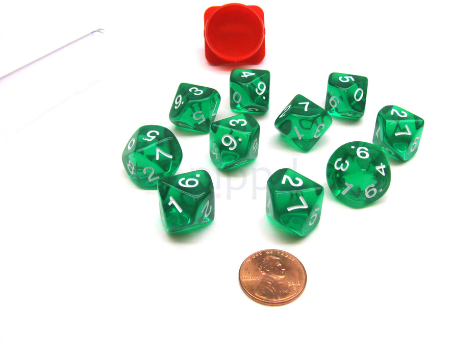 Pack of 10 Transparent 10 Sided D10 16mm Dice - Green