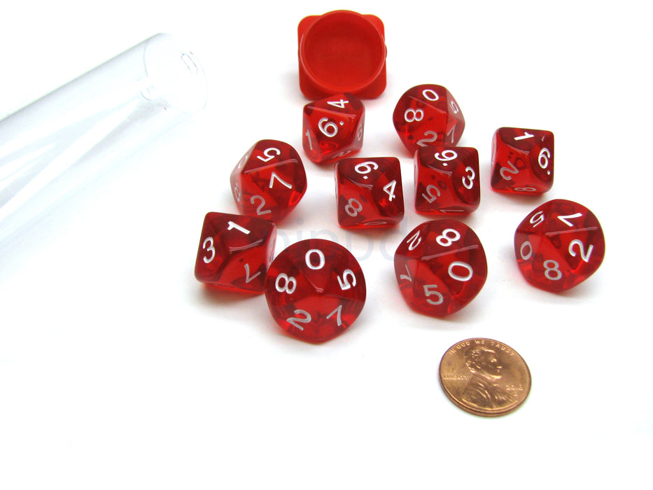 Pack of 10 Transparent 10 Sided D10 16mm Dice - Red