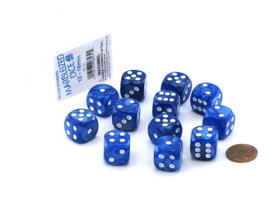 Case of 12 Deluxe Marble 16mm Round Edge Dice - Blue with White Pips
