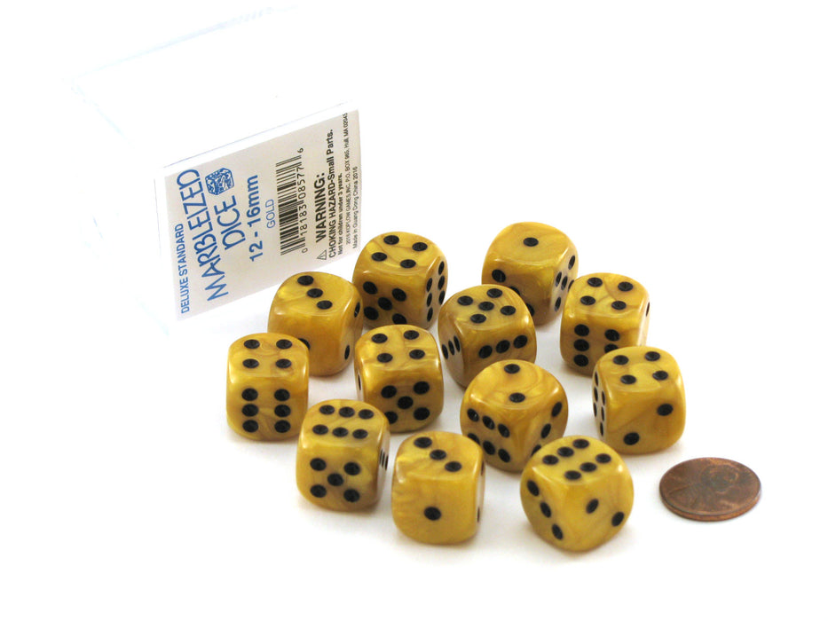 Case of 12 Deluxe Marble 16mm Round Edge Dice - Gold with Black Pips