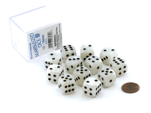 Case of 12 Deluxe Marble 16mm Round Edge Dice - White with Black Pips