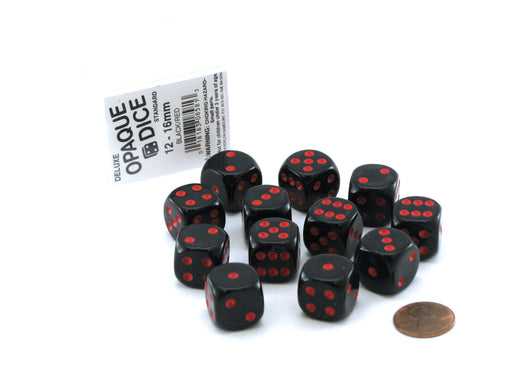Case of 12 Deluxe Opaque 16mm Round Edge Dice - Black with Red Pips