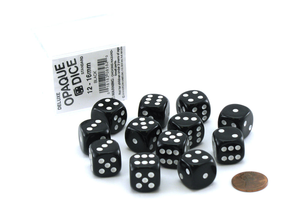 Case of 12 Deluxe Opaque 16mm Round Edge Dice - Black with White Pips