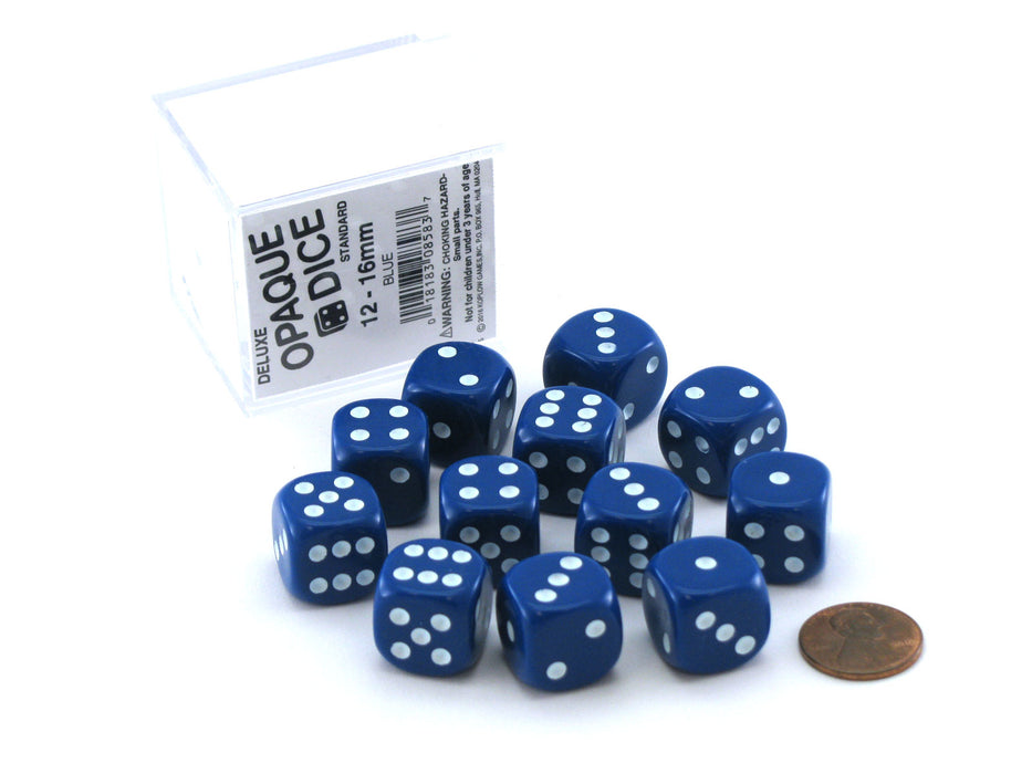Case of 12 Deluxe Opaque 16mm Round Edge Dice - Blue with White Pips