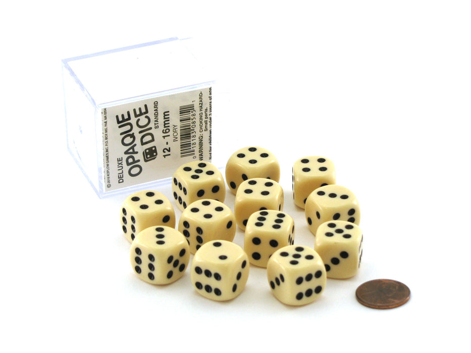 Case of 12 Deluxe Opaque 16mm Round Edge Dice - Ivory with Black Pips