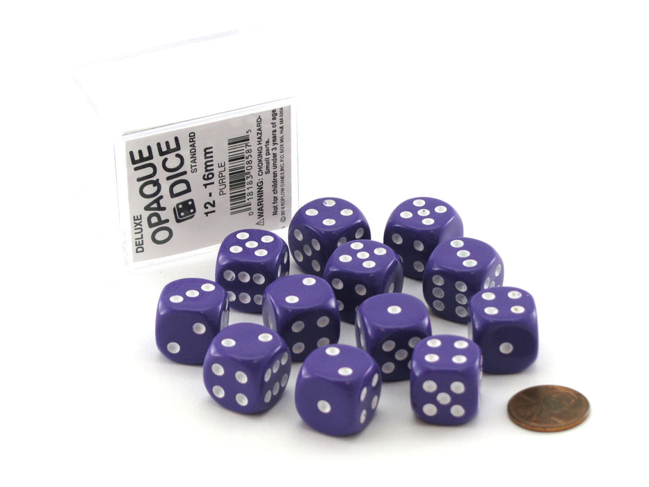 Case of 12 Deluxe Opaque 16mm Round Edge Dice - Purple with White Pips