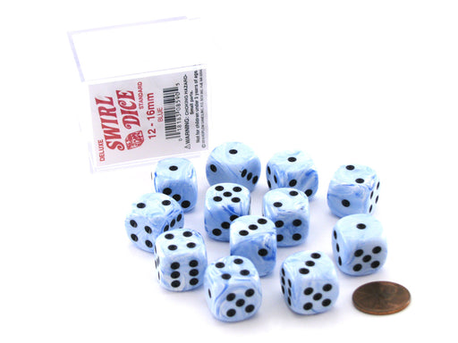 Case of 12 Deluxe Swirl 16mm Round Edge Dice - Blue with Black Pips