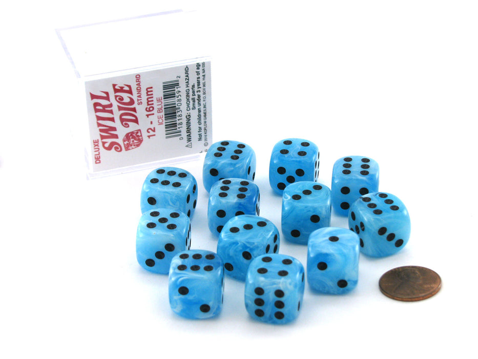 Case of 12 Deluxe Swirl 16mm Round Edge Dice - Ice Blue with Black Pips