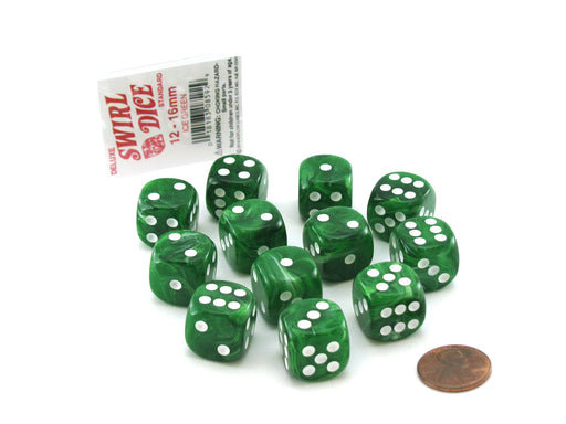 Case of 12 Deluxe Swirl 16mm Round Edge Dice - Ice Green with White Pips