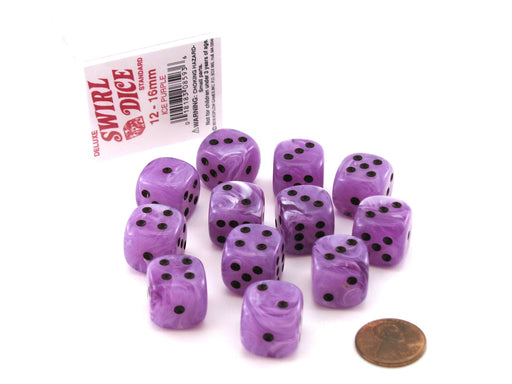 Case of 12 Deluxe Swirl 16mm Round Edge Dice - Ice Purple with Black Pips
