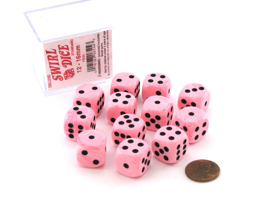 Case of 12 Deluxe Swirl 16mm Round Edge Dice - Pink with Black Pips