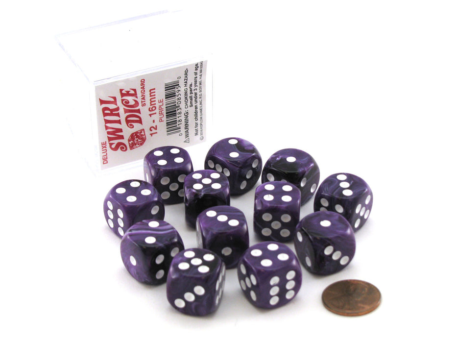Case of 12 Deluxe Swirl 16mm Round Edge Dice - Purple with White Pips
