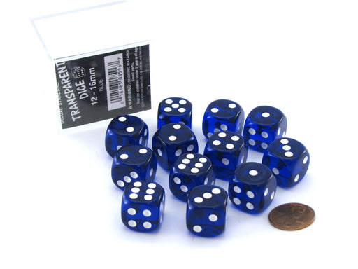 Case of 12 Deluxe Transparent 16mm Round Edge Dice - Blue with White Pips