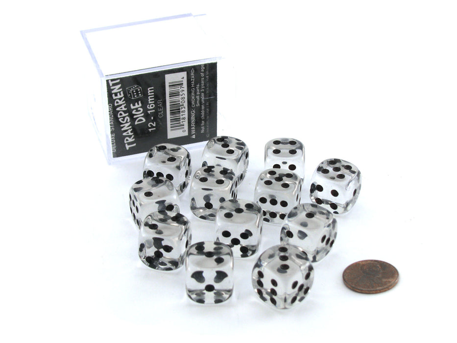 Case of 12 Deluxe Transparent 16mm Round Edge Dice - Clear with Black Pips