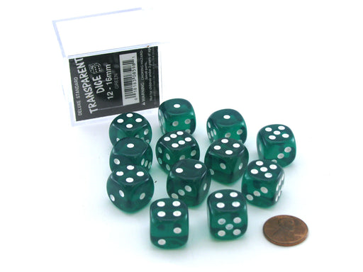 Case of 12 Deluxe Transparent 16mm Round Edge Dice - Green with White Pips