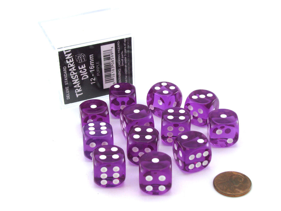 Case of 12 Deluxe Transparent 16mm Round Edge Dice - Purple with White Pips