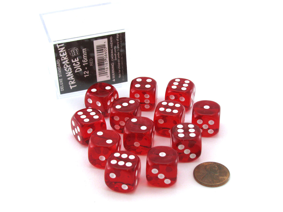 Case of 12 Deluxe Transparent 16mm Round Edge Dice - Red with White Pips