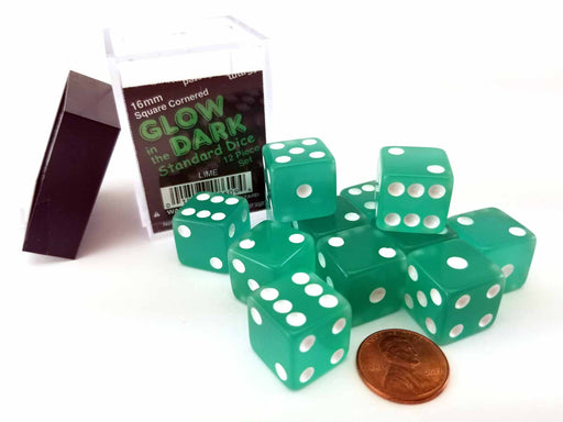 Case with 12 16mm Glow in the Dark Dice - Lime Color with White Pips