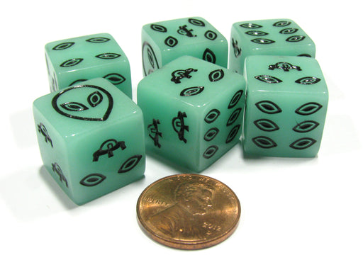 Set of 6 Alien UFO 16mm D6 Dice - Green with Black Etches