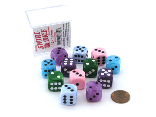 Case of 12 Deluxe Swirl 16mm Round Edge Dice - Assorted Colors