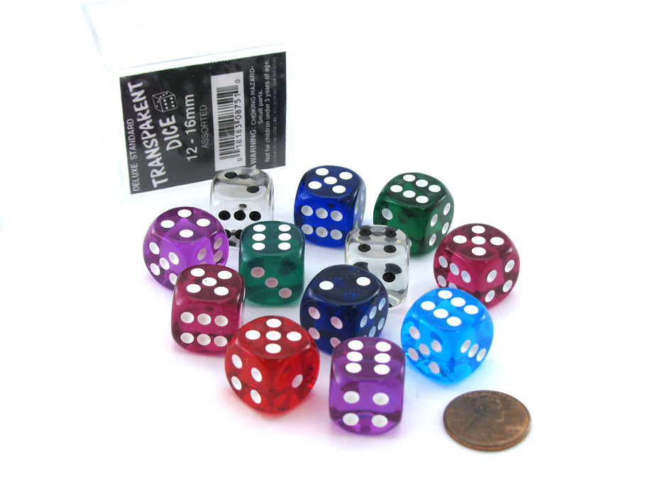 Case of 12 Deluxe Transparent 16mm Round Edge Dice - Assorted Colors