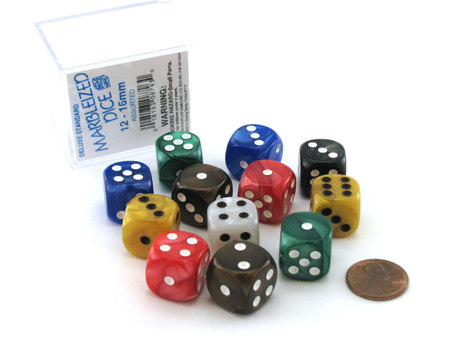 Case of 12 Deluxe Marble 16mm Round Edge Dice - Assorted Colors