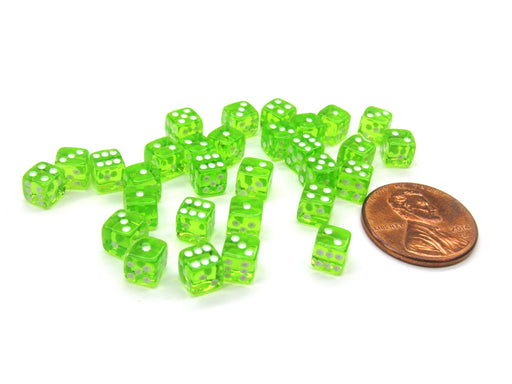 Set of 30 D6 5mm Transparent Rounded Corner Dice - Green with White Pips