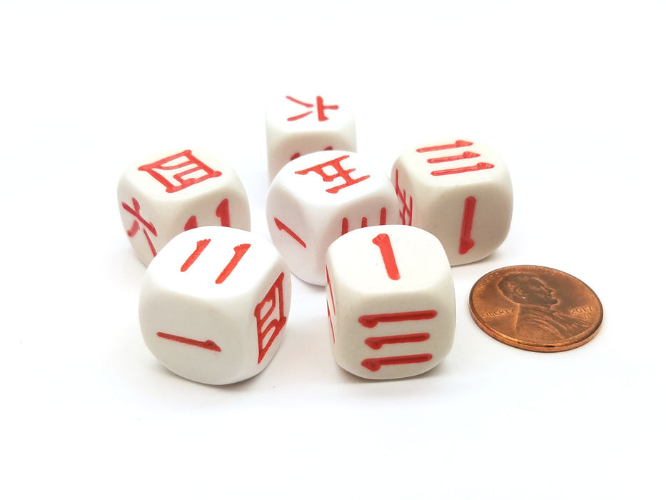 Pack of 6 16mm Chinese and Japanese Numbers Dice - White with Red