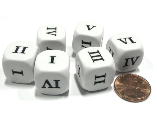 Set of 6 Roman Numerals I-VI (1-6) 16mm Six-Sided Dice- White with Black Numbers