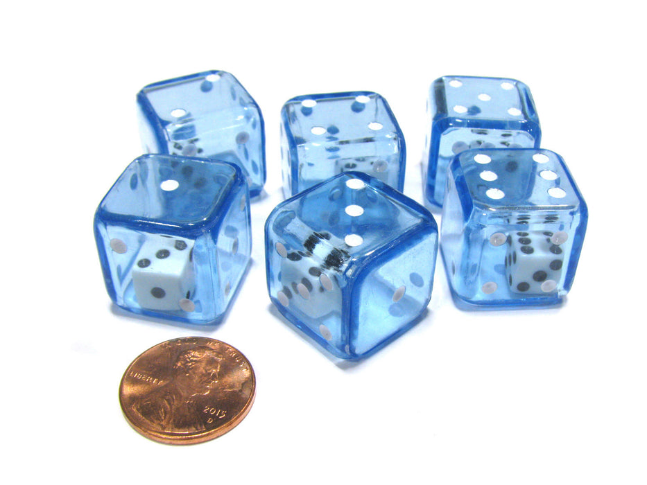 Set of 6 D6 19mm Double Dice, 2-In-1 Dice - White Inside Translucent Blue Die