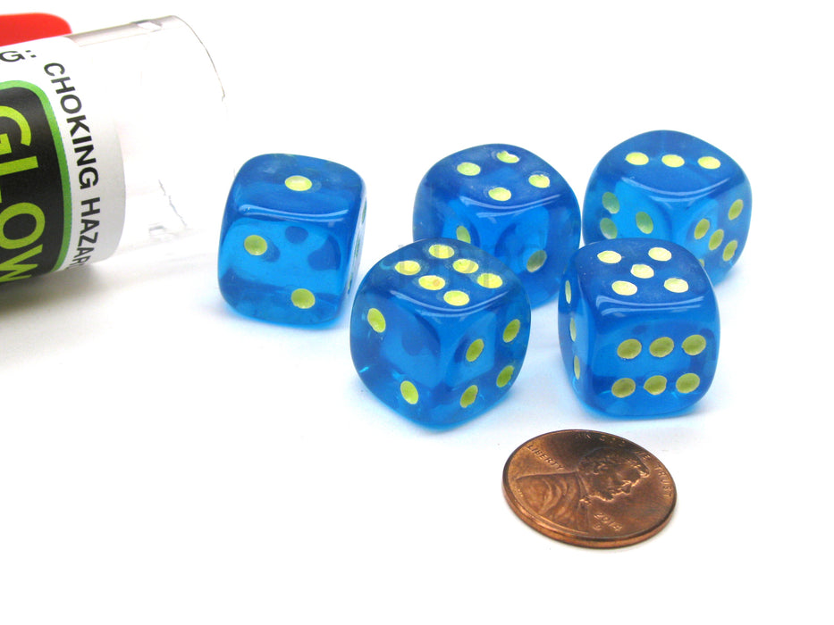 Set of 5 16mm D6 Glow In the Dark Spots Dice in Tube - Blue