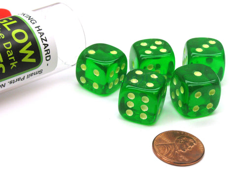 Set of 5 16mm D6 Glow In the Dark Spots Dice in Tube - Green