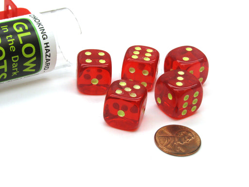 Set of 5 16mm D6 Glow In the Dark Spots Dice in Tube - Red