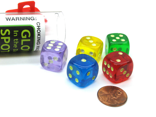 Set of 5 16mm Glow In the Dark Spots Dice - 1 Ea of Blue Green Purple Red Yellow
